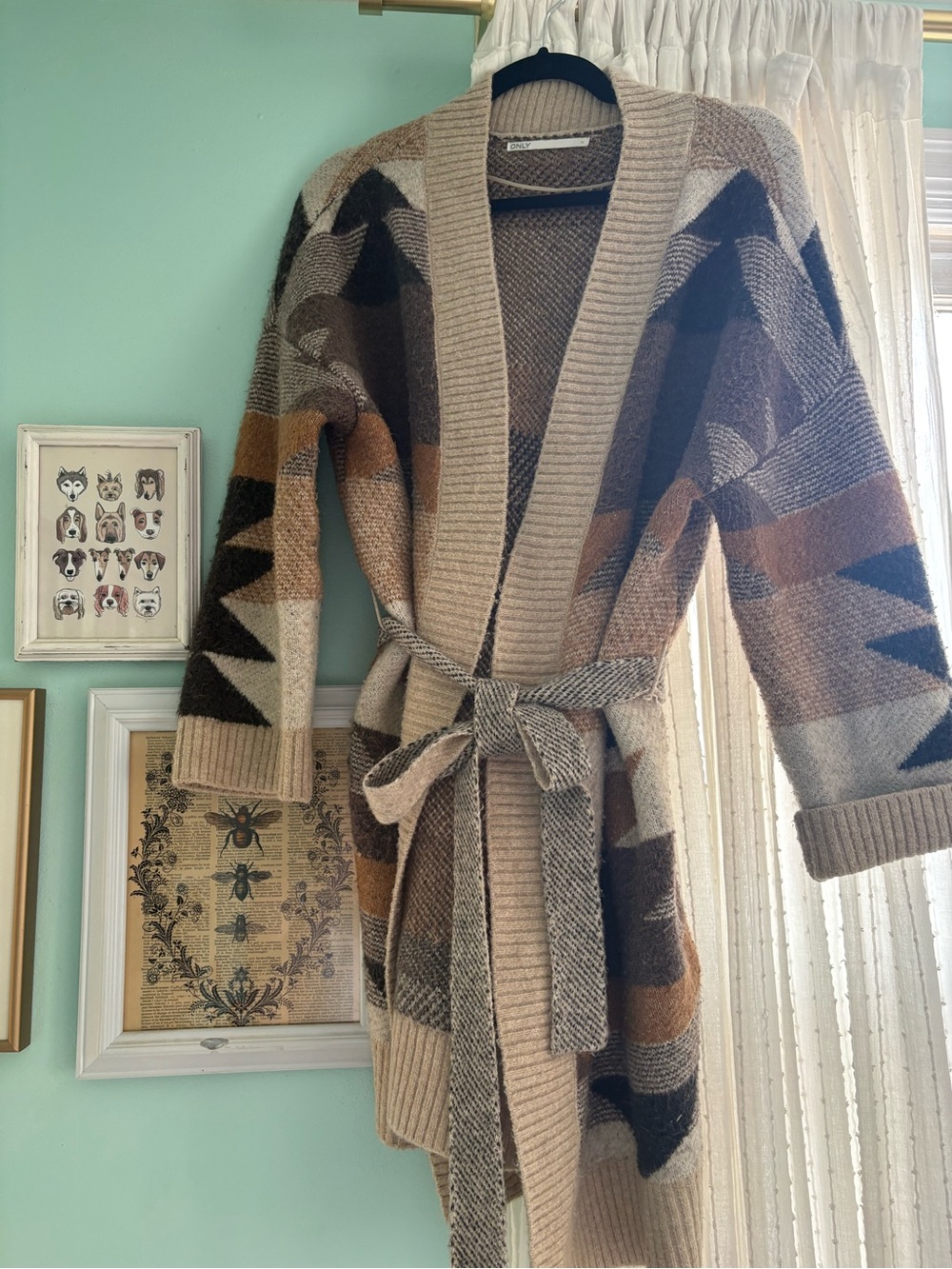 ONLY belted Aztec print long cardigan beige brown boho duster size Medium